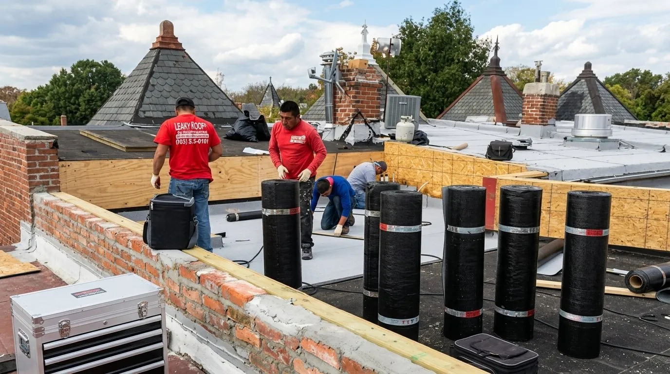 Reconditioned gutter system on a turret roof, Capitol Hill